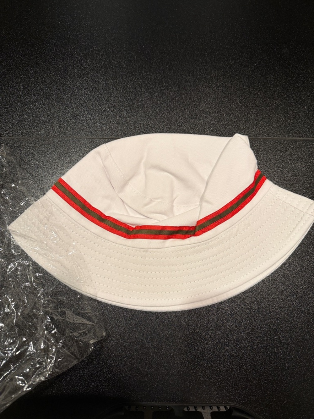 White Bucket Hat with Red and Green Stripe